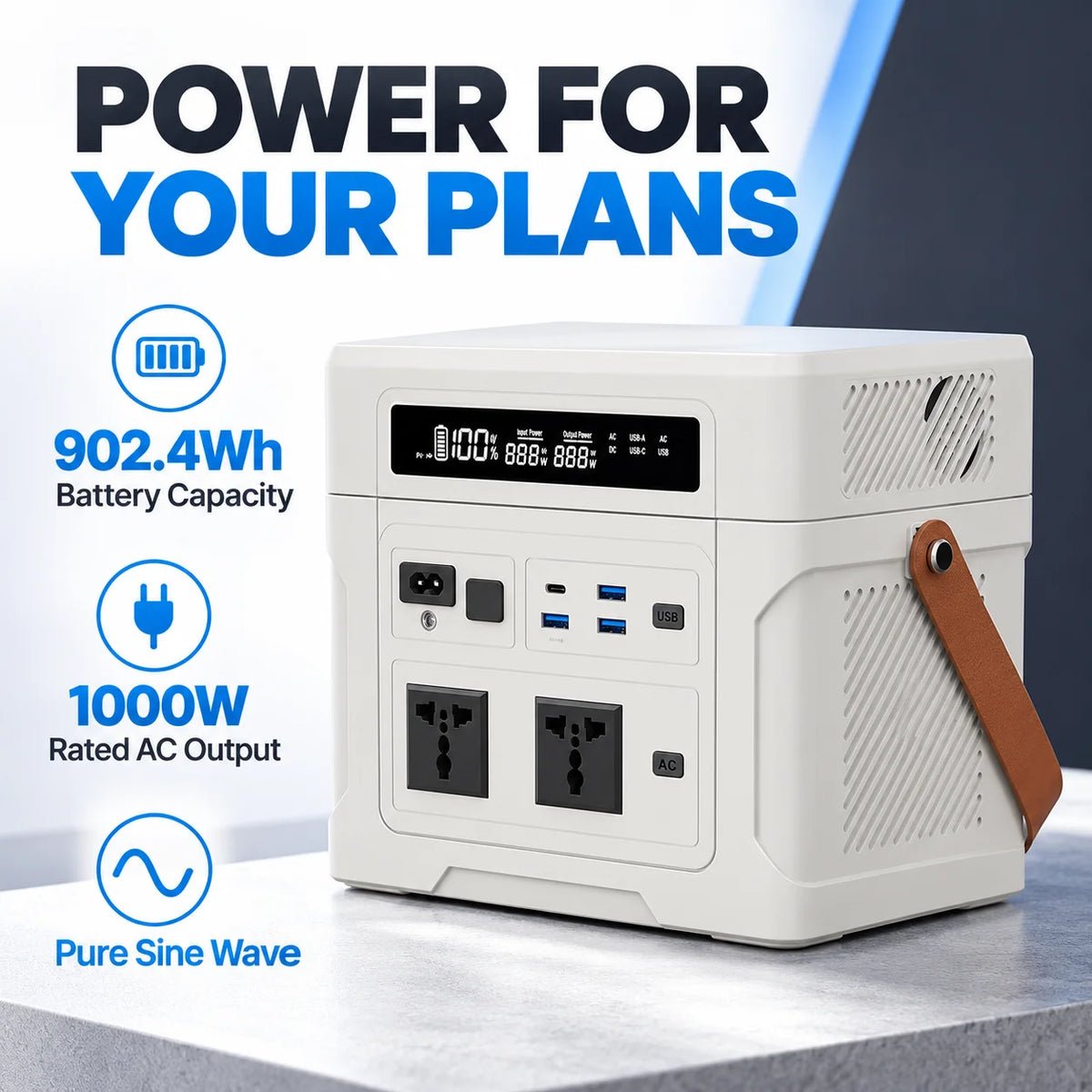 1000W Portable Power Station, 902.4Wh LiFePO4, 220V