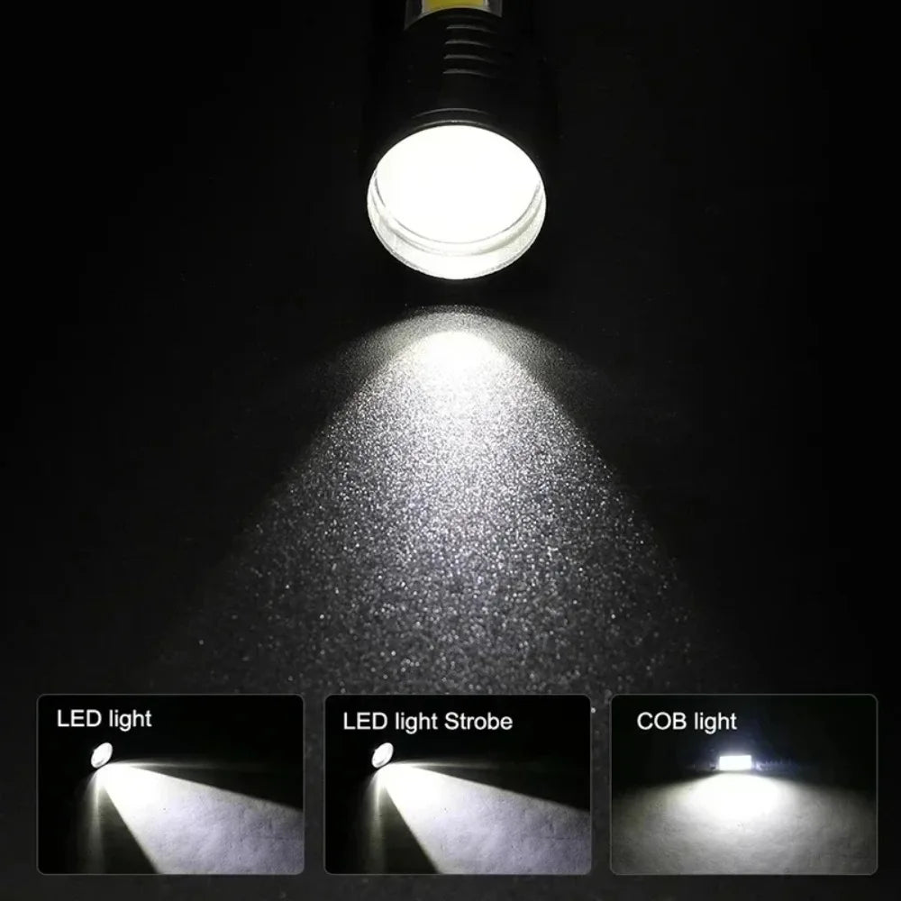 USB Rechargeable Mini COB+XPE Flashlight – Zoomable, 3-Mode, Pen Clip, 350 Lumen Camping Torch