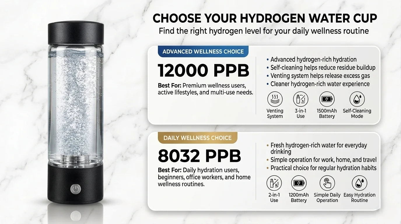 Portable Hydrogen Water Generator Bottle — 12,000PPB Rechargeable Alkaline Ionizer Cup with SPE/PEM Technology