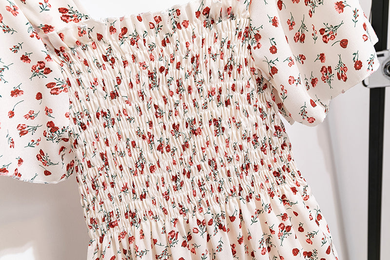 Women's Chiffon Floral Pleated Midi Dress – Short Sleeve Elastic Waist Backless Casual Dress