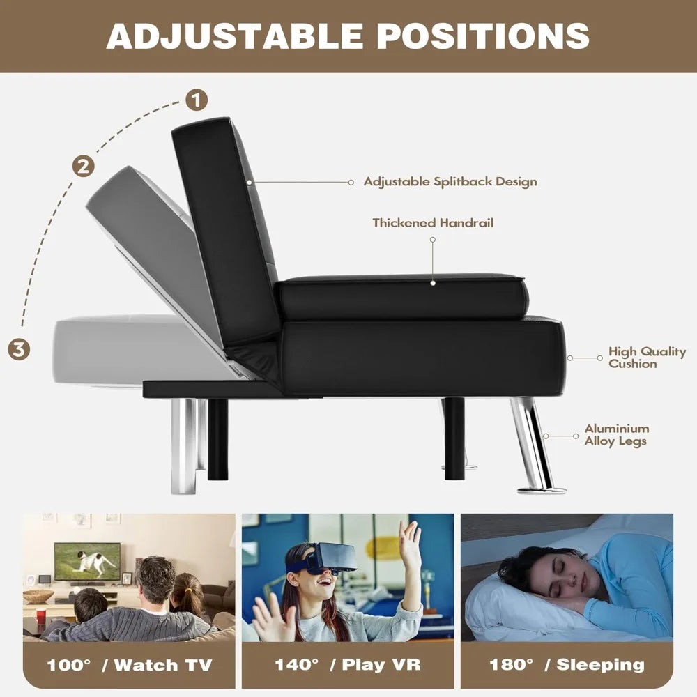 Leather Futon Sofa Bed with Detachable Armrests & Cup Holders