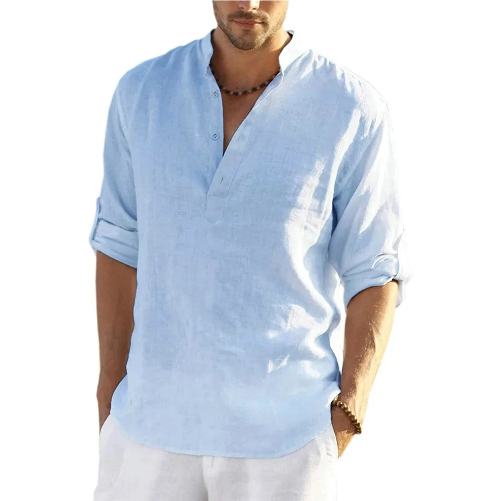 Men's Cotton Linen Long Sleeve Shirt — Loose Casual Blouse for Spring & Autumn