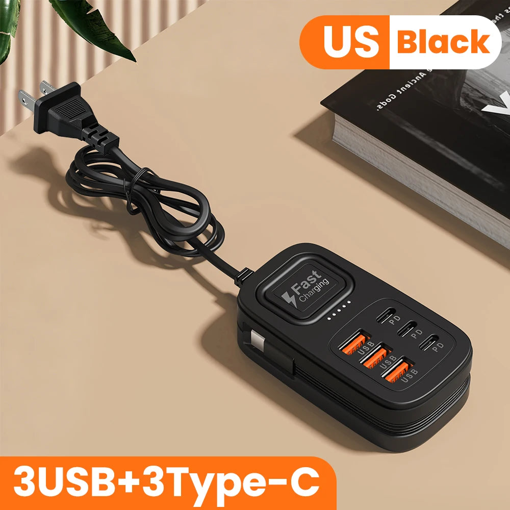 6-Port USB Fast Charging Station – 3 USB-C + 3 USB-A, Desktop Power Strip Hub, EU/UK/US Plug