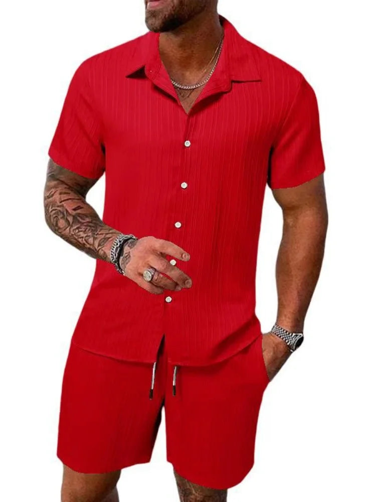 Men's Striped Collared Button-Down Shirt & Drawstring Shorts Set – Solid 2-Piece Beach