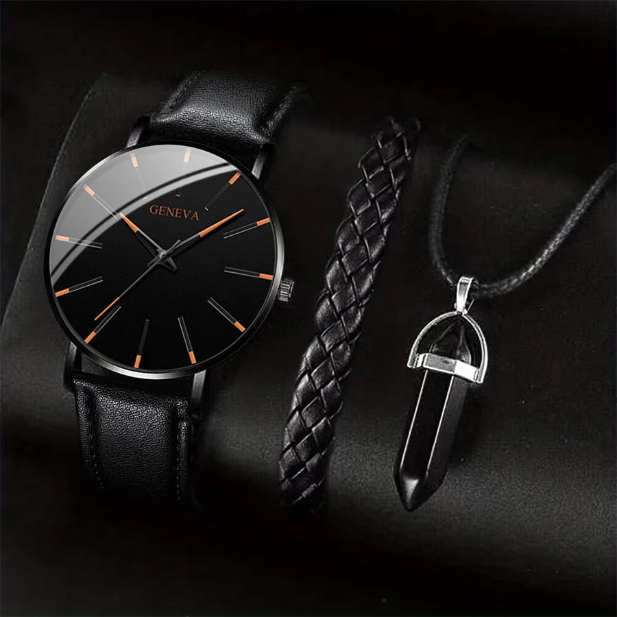 Men's 3-Piece Business Watch Set | Leather Band Quartz Watch + Necklace + Bracelet Gift Set