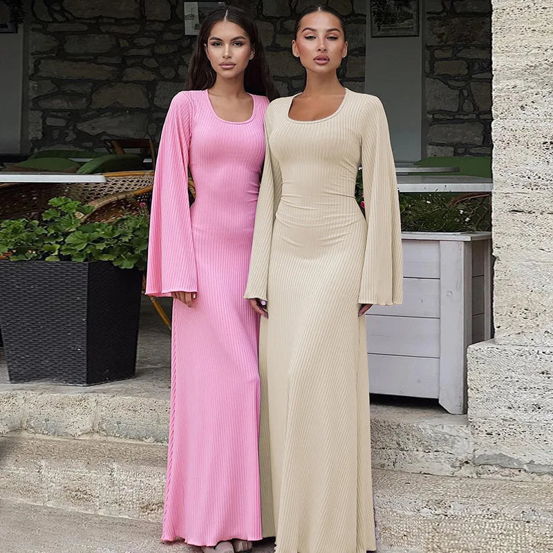 Long Flare Sleeve Maxi Dress — Slim Lace-Up Floor-Length Casual Office Dress