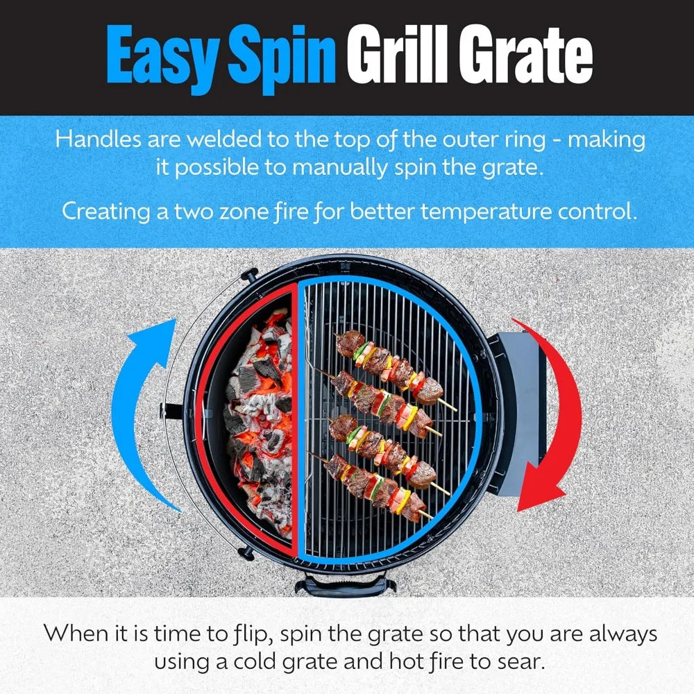 Portable Charcoal Grill 18" | 2-Zone Cooking, Easy Spin Grate, Charcoal Basket, Travel Kettle for Camping, Tailgating & Backyard BBQ