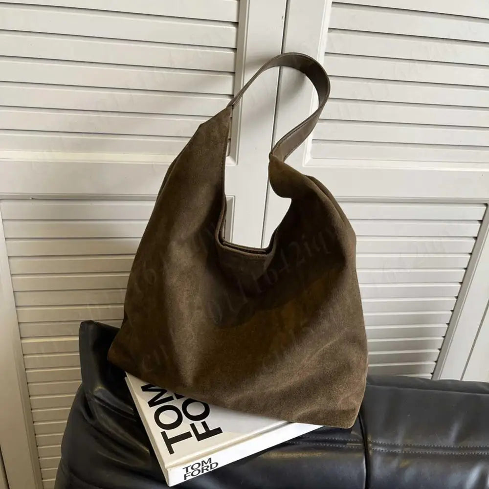 Vintage Suede Large Capacity Shoulder Tote Bag – Stylish Commuter Hobo Handbag for Women