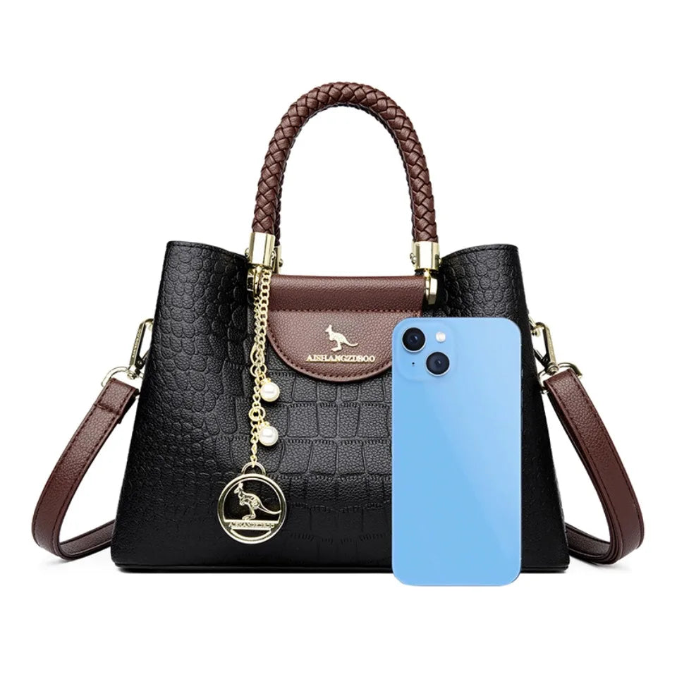 VANDERWAH Woven Handle Alligator Microfiber Leather Tote – Luxury Designer Shoulder Handbag for Women