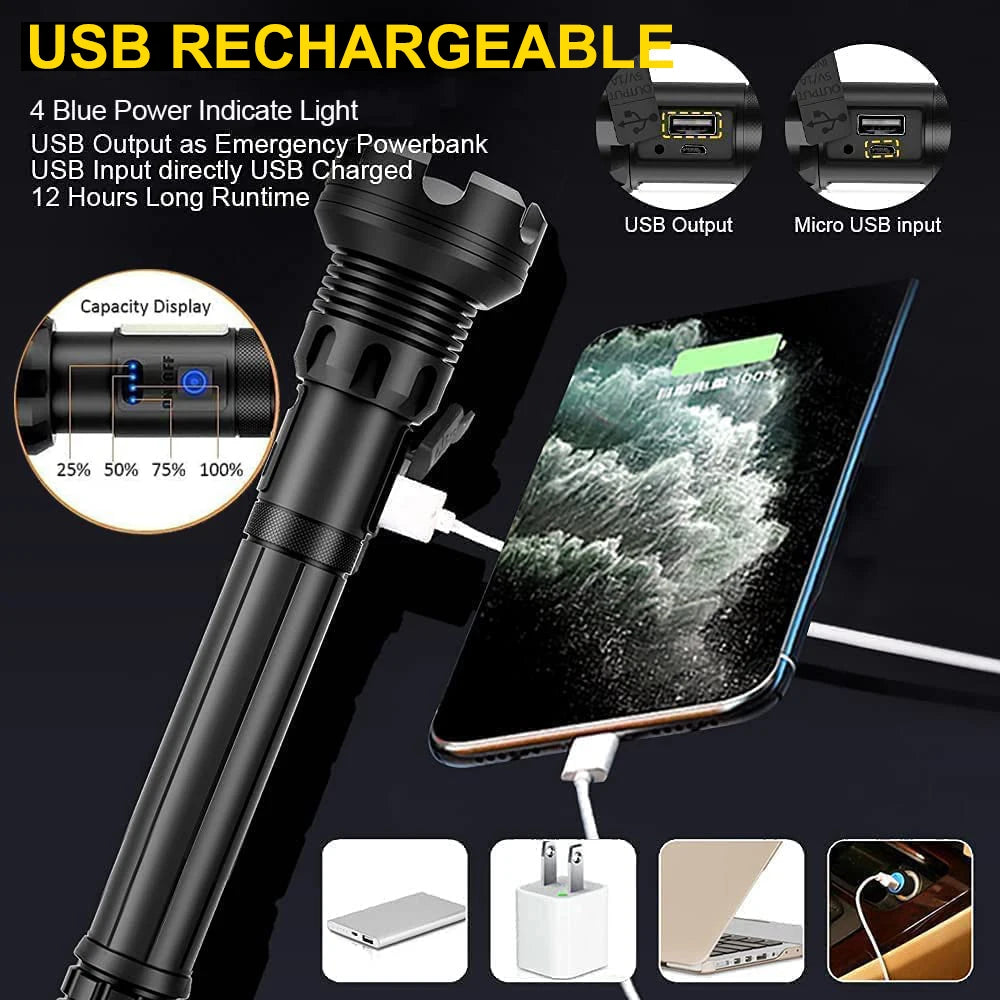 90000 Lumens XHP90 LED Tactical Flashlight – Rechargeable USB Zoomable 7-Mode Torch