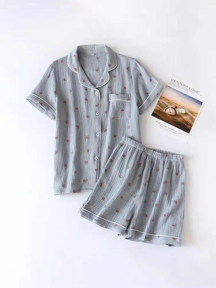 Women's 100% Cotton Short Sleeve Shorts Pajamas Set | Thin Crepe Cloth Spring Autumn Loose Homewear