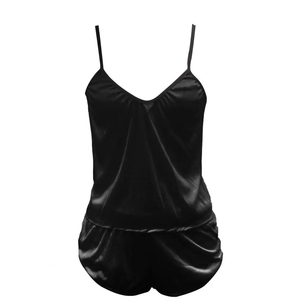 Low Cut Vest & Shorts Sleepwear Set — Solid Color Summer Nightwear