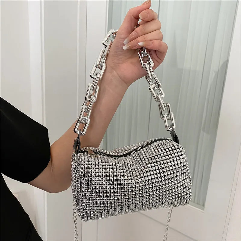 Rhinestone Glitter Mini Crossbody Bag – Chain Prom Purse Pillow Shoulder Bag for Women