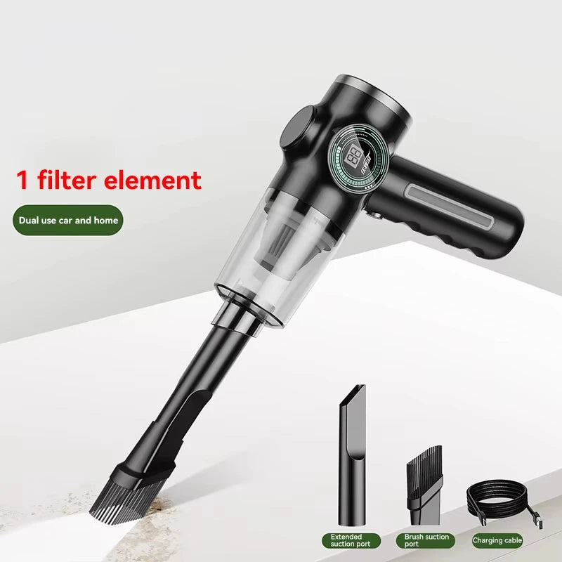 Portable cordless car vacuum with brush nozzle, crevice tool and charging cable