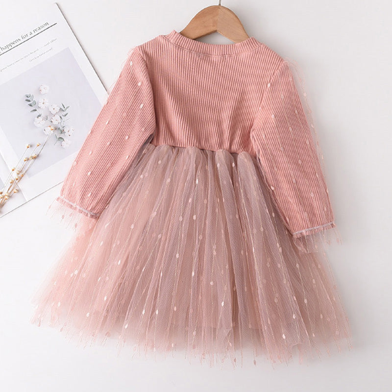 Girls Mesh Cotton Long Puff Sleeve Princess Dress — Cute Costume Dress for Kids