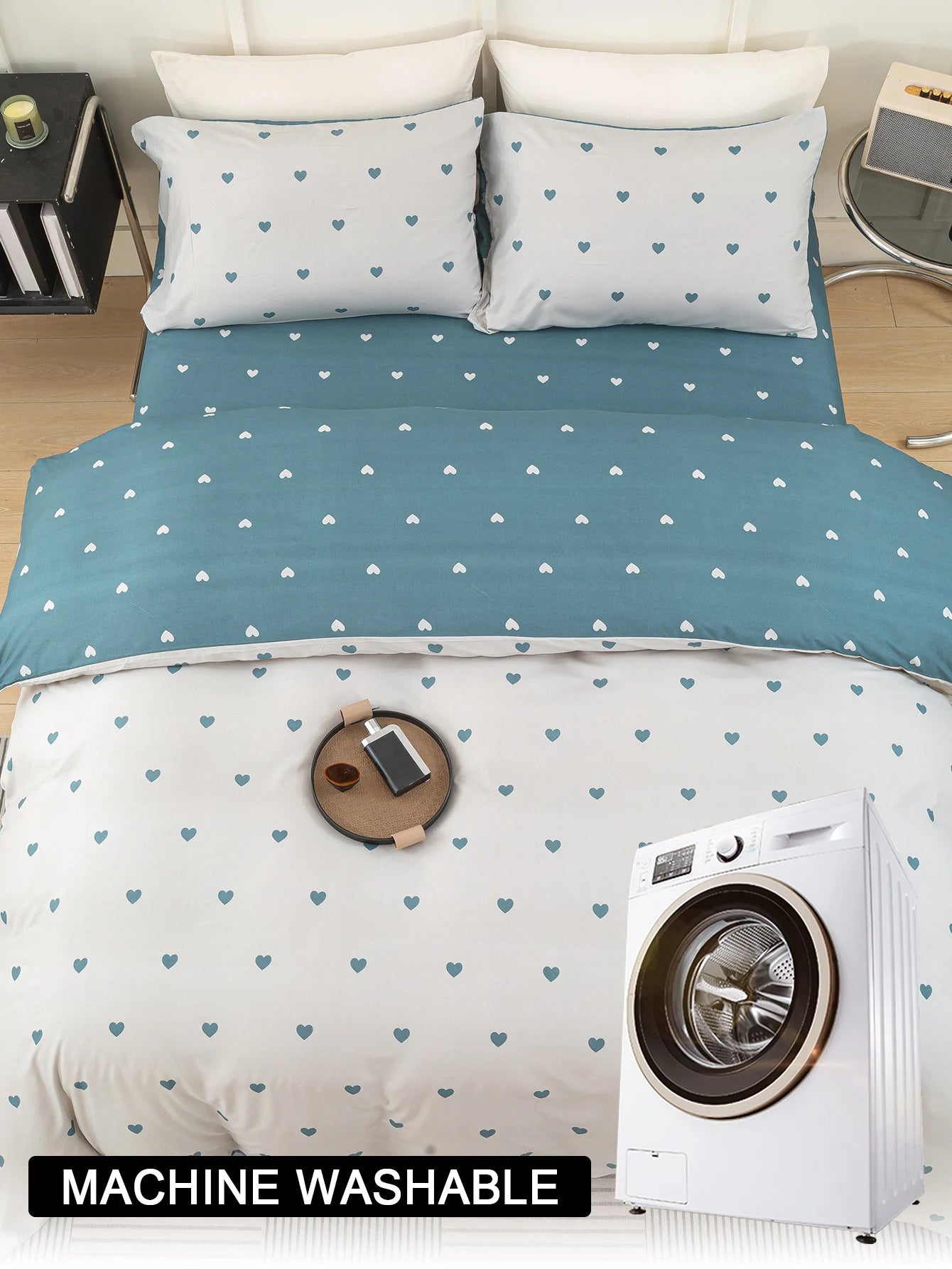 Heart Print Duvet Cover Set – Soft 3-Piece Bedding with 2 Pillowcases, 3 Colors & 11 Sizes