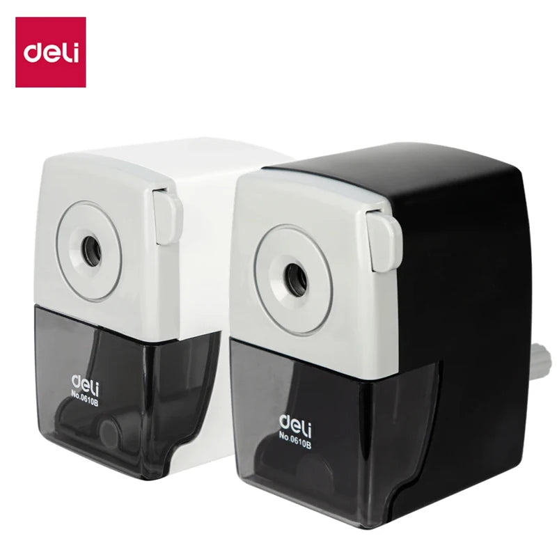 Black and white Deli manual rotary pencil sharpeners with transparent front shavings compartments