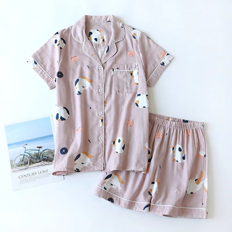 Women's Japanese Style 100% Cotton Cartoon Pajama Set | Short Sleeve & Shorts Sleepwear