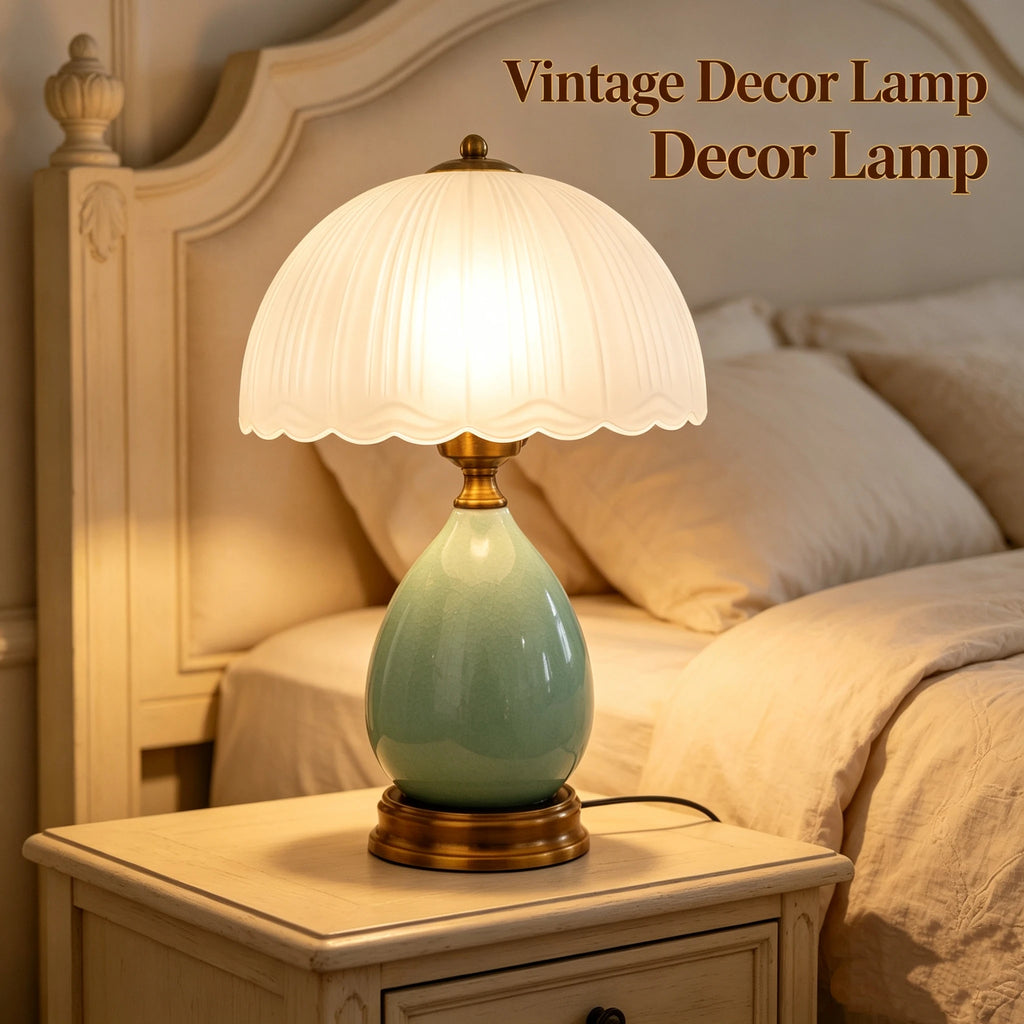 Green Ceramic Table Lamp – Scalloped Glass Shade