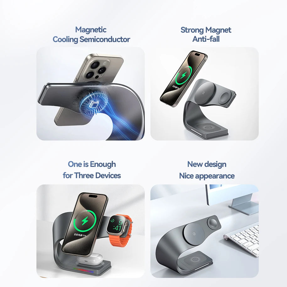 4-in-1 Metal Magnetic Wireless Charging Station 15W – iPhone 12–17, Apple Watch & AirPods