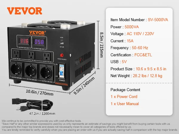 Heavy Duty Voltage Converter Transformer — 2000VA/3000VA/5000VA Step Up/Down, US & EU Outlets