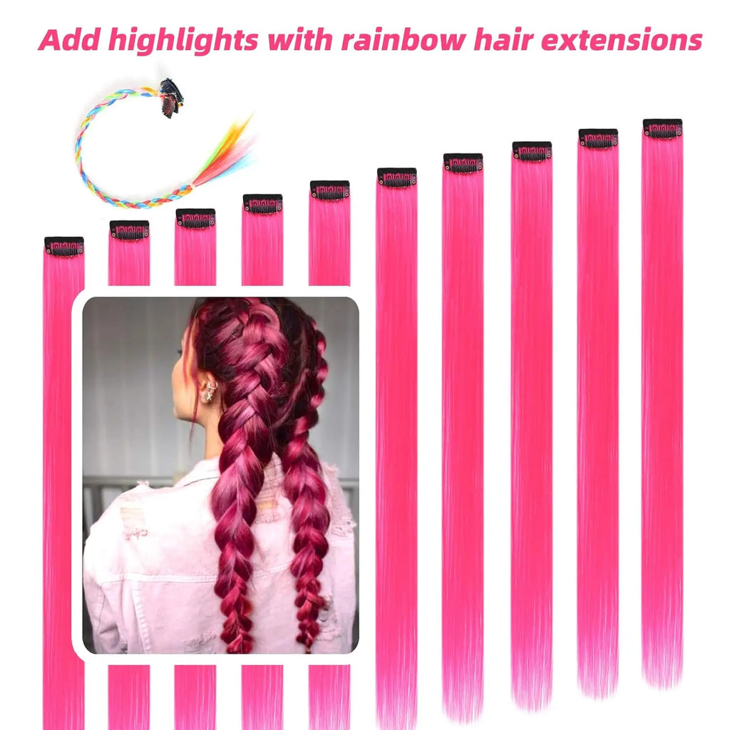Synthetic 10PC Colored Clip-In Hair Extensions — Kinky Straight, High Temp Fiber, 70g Set