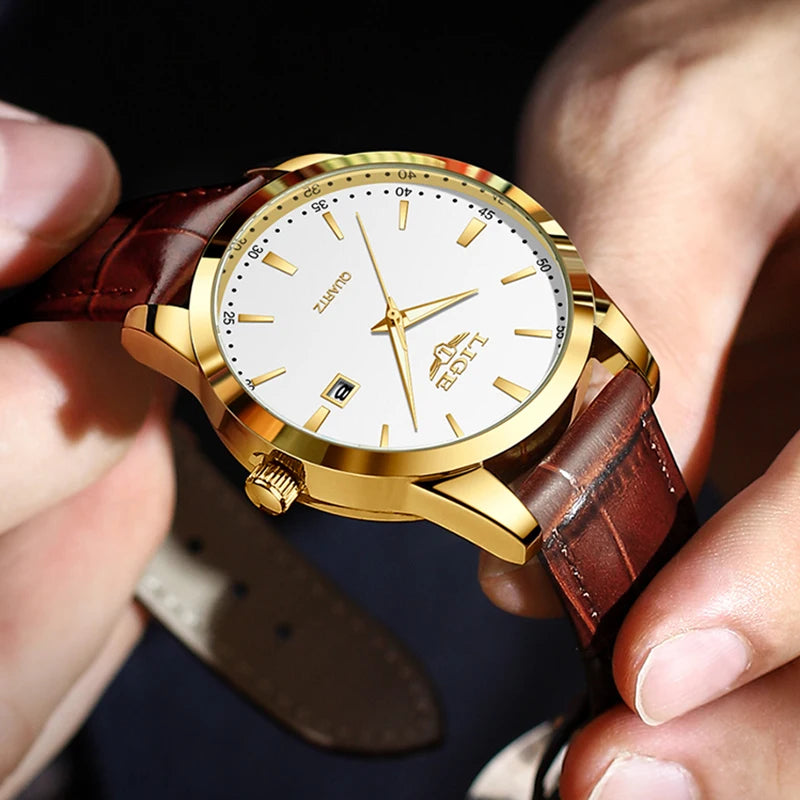 LIGE Men's Brown Leather Chronograph Watch | Military Sport Casual Waterproof Quartz Wristwatch