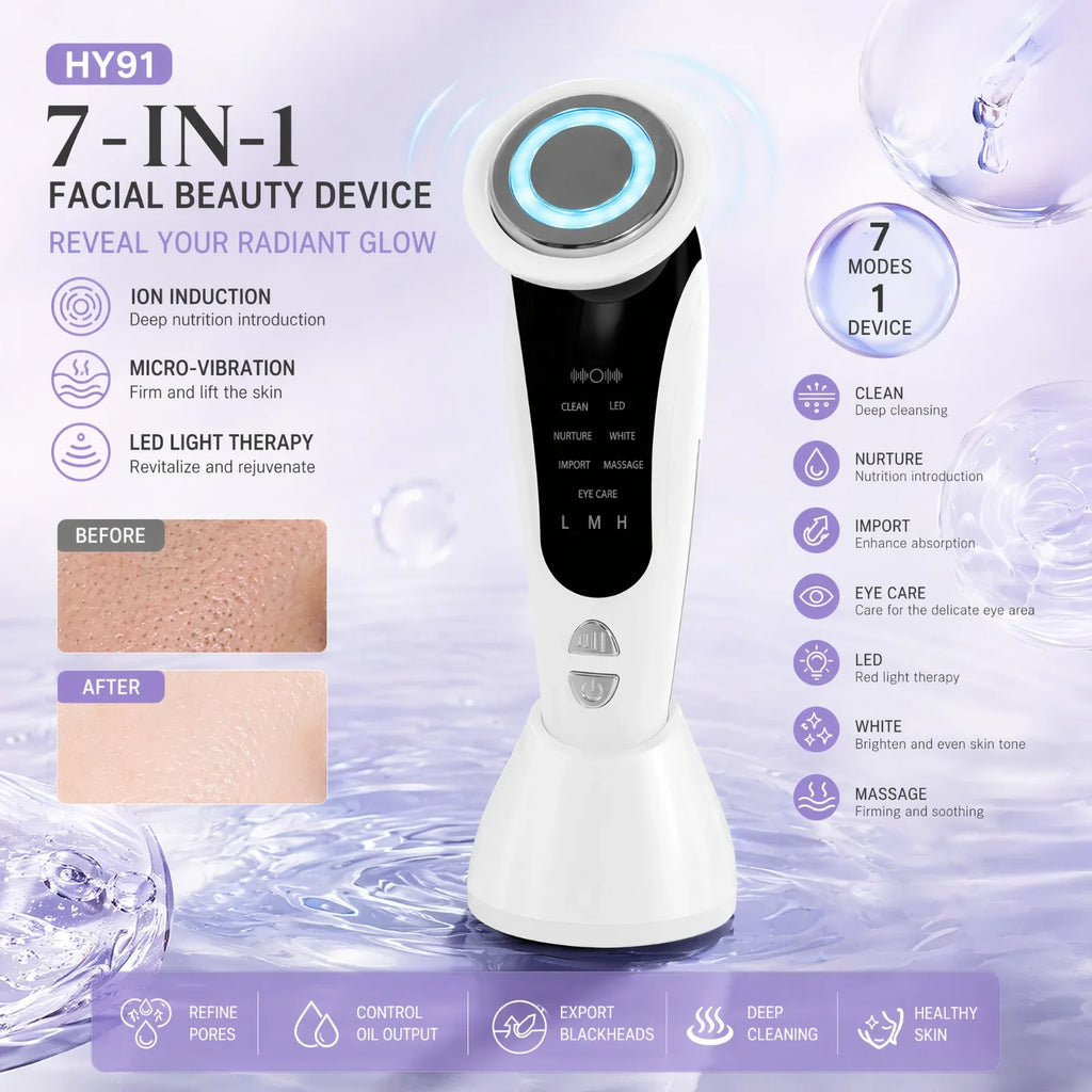 7-in-1 LED Facial Beauty Device – Cleansing, Serum Infusion, LED Light Therapy & Eye Care Massager