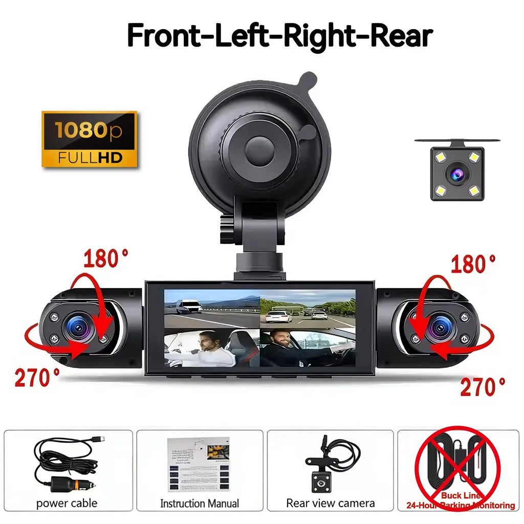360° 4-Camera Car Dash Cam DVR System – Front, Rear, Interior & Side, Night Vision, Loop Recording