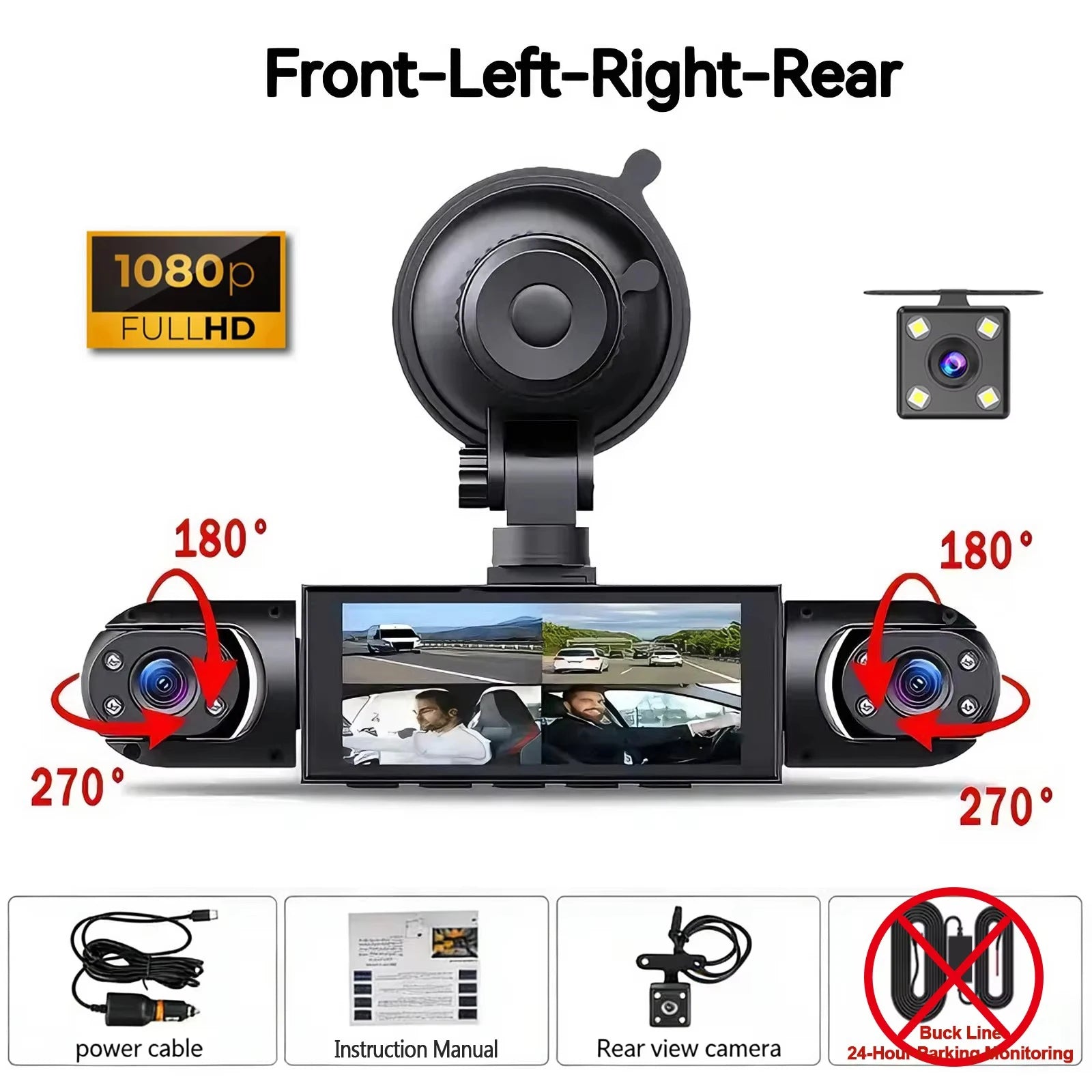 360° 4-Camera Car Dash Cam DVR System – Front, Rear, Interior & Side, Night Vision, Loop Recording