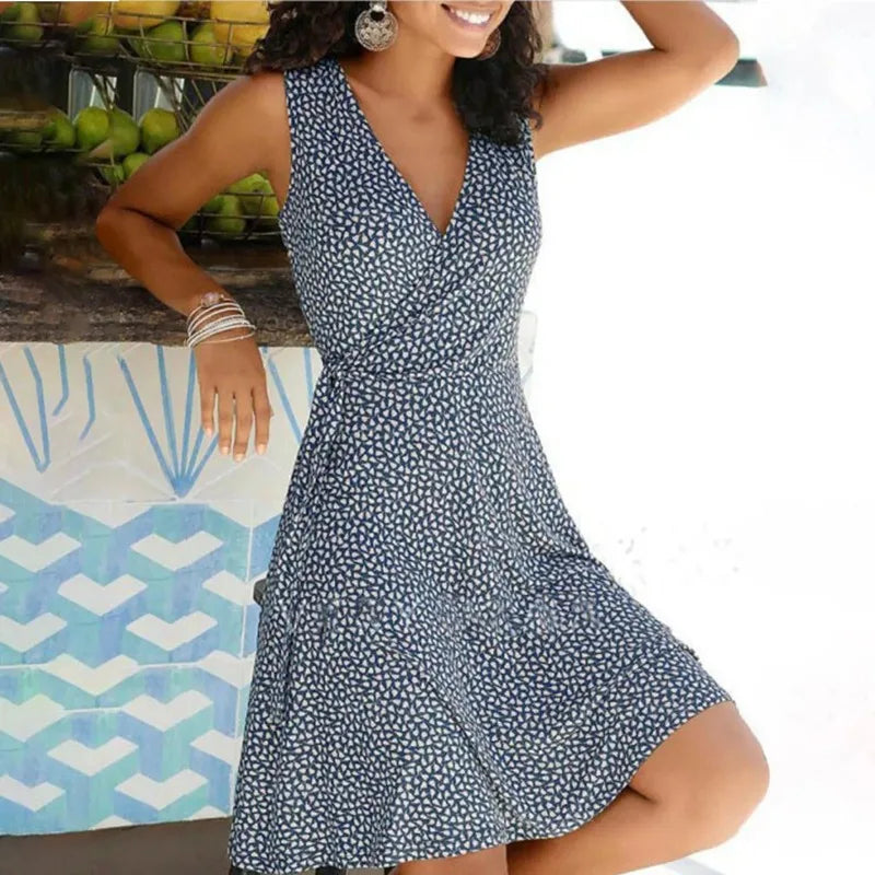 Floral Wrap V-Neck Cap Sleeve Plus Size Midi Dress — A-Line Swing Casual Dress