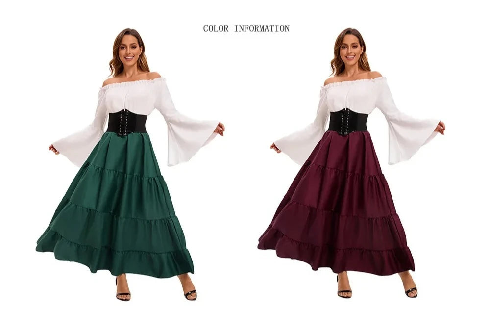 Medieval Renaissance Costume Dress — Off-Shoulder Victorian Queen Outfit with Waist Corset