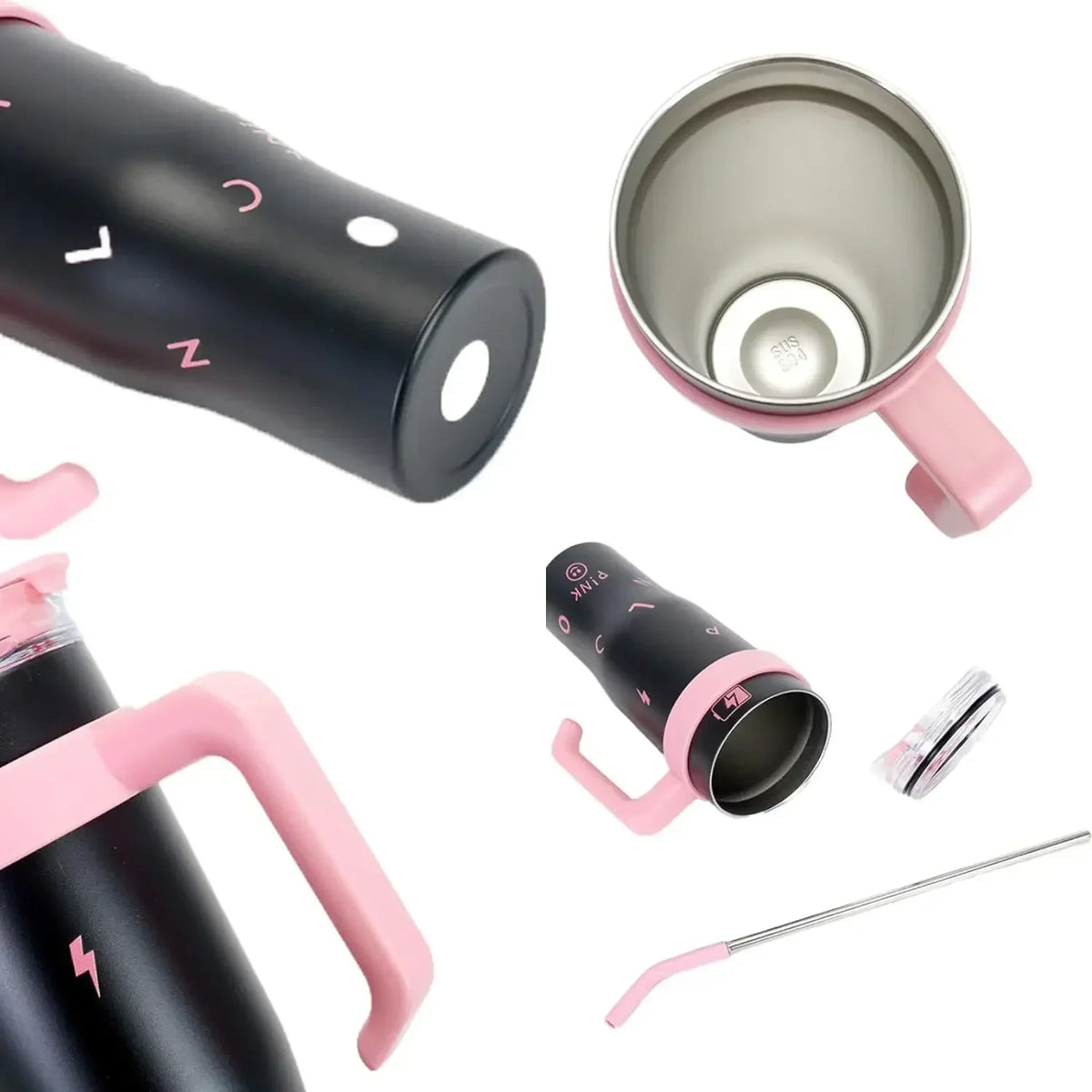 1200ml Stainless Steel Vacuum Insulated Tumbler with Straw – 6–12Hr Thermal, CIQ Certified, Outdoor & Travel, Pink & Black