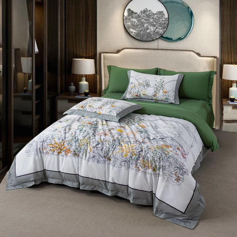 600TC Egyptian Cotton Bedding Set – Birds & Flowers Leaf Print, 16 Colors, Queen to US King