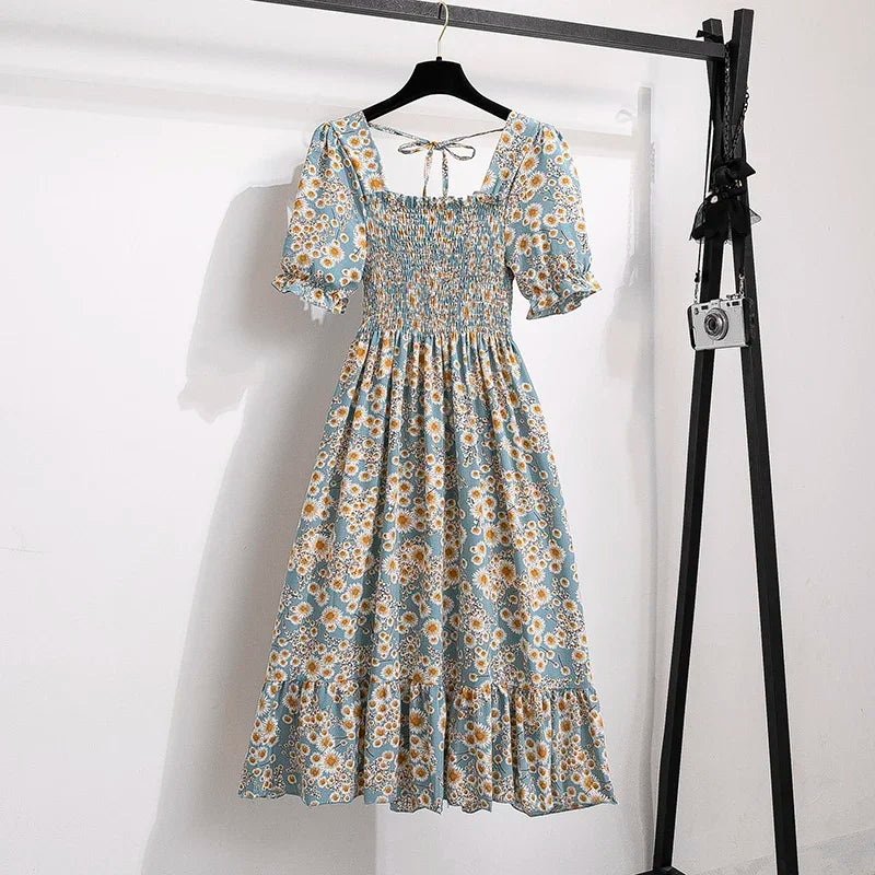 Chiffon A-Line Midi Dress — Elastic Waist Short Sleeve Casual Dress