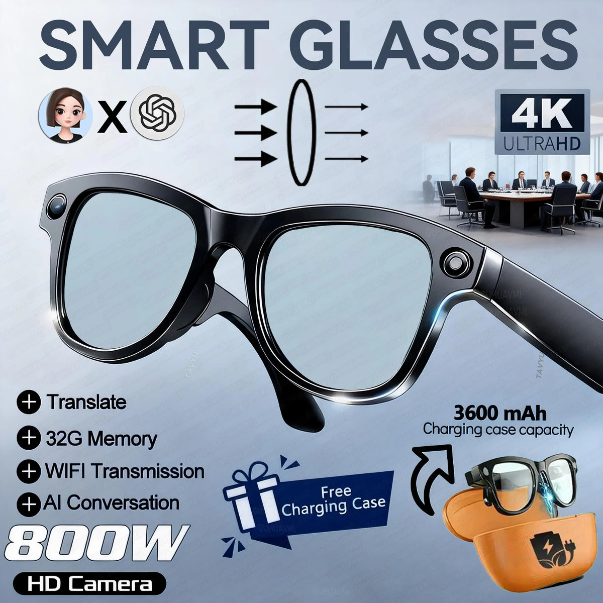 2026 AI Smart Glasses – 4K Camera, 120+ Language Translation, 3600mAh Power Bank, Bluetooth 5.3