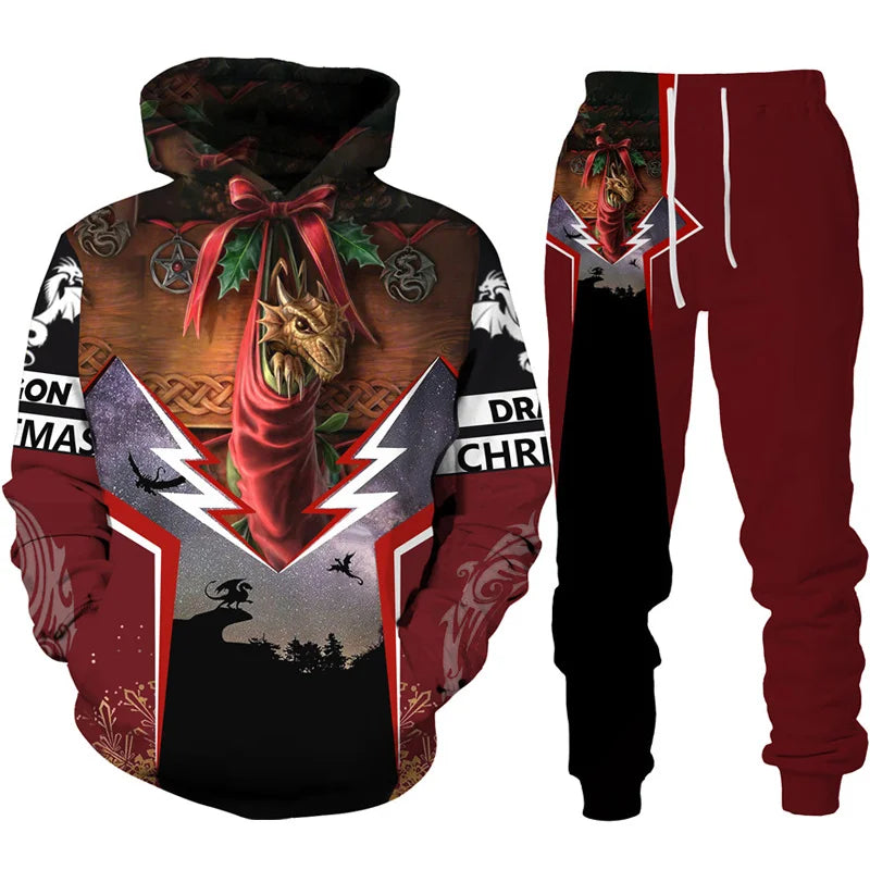 Dragon Print Hoodie Tracksuit Set – Oversized 2-Piece Sweatshirt & Pants