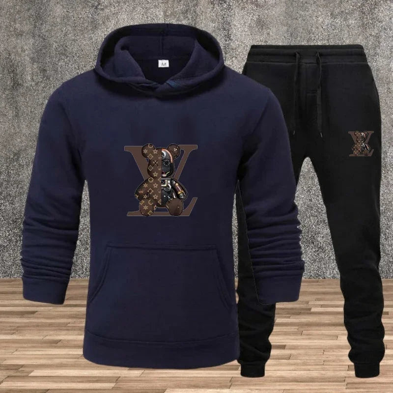Men's Printed Hoodie Sweatshirt Set – 2-Piece Fleece Jogging Tracksuit
