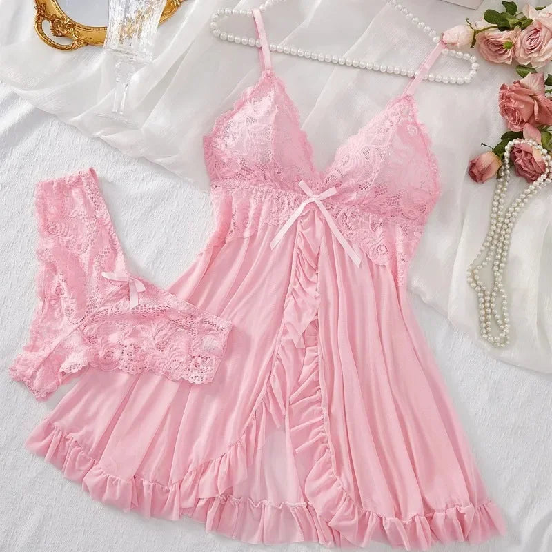 Lace Bra & Slip Nightdress Set — Wire-Free Sexy Sleepwear