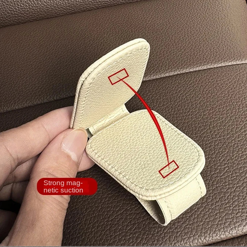 Universal Car Sunglasses Holder | Magnetic Leather Sun Visor Glasses Clip & Card Holder