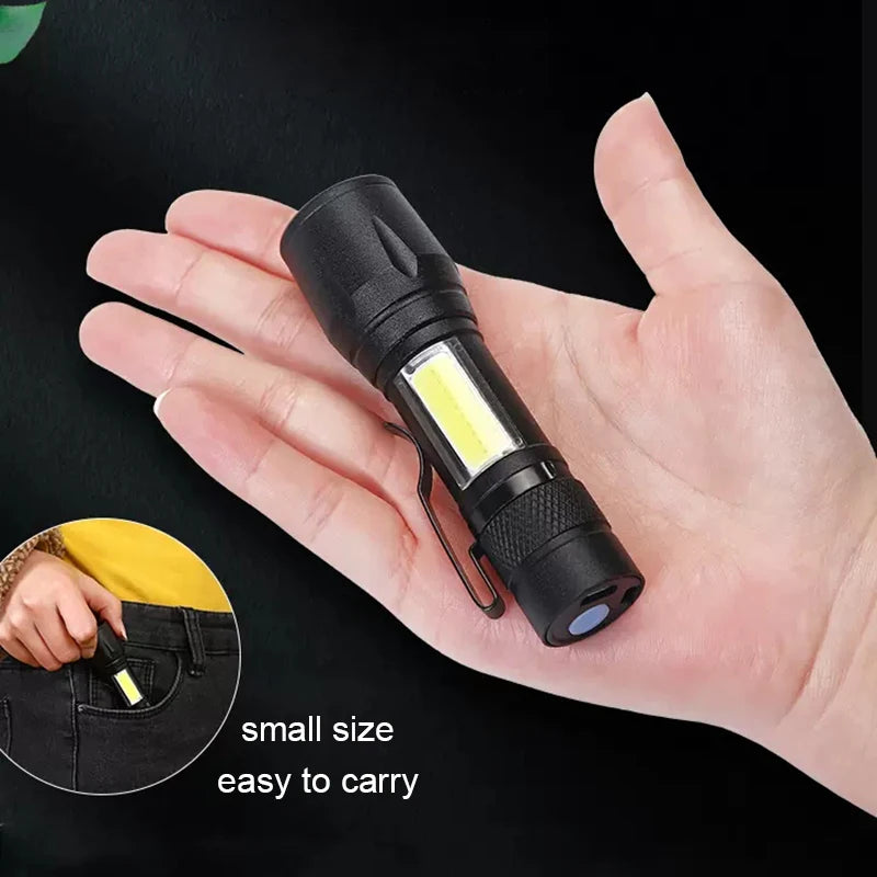 Mini COB+XPE LED Flashlight – USB Rechargeable, Zoomable, 3 Modes with Pocket Clip for Camping & EDC
