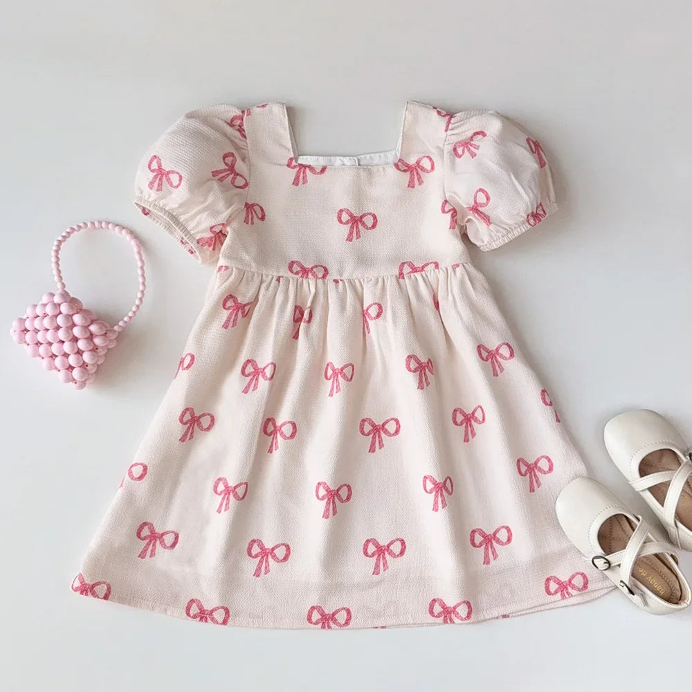 Bow Print Girls Casual Dress — Short Sleeve Sweet Summer Dress (3–7 Years)