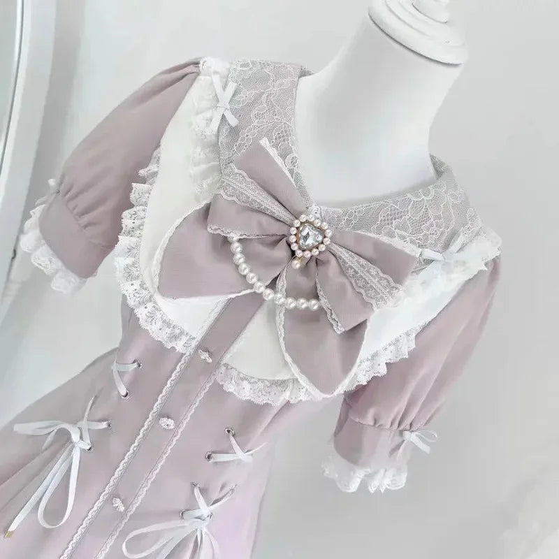 Japanese Gothic Lolita Mini Dress — Harajuku Y2K Bow Lace Ruffle Party Dress