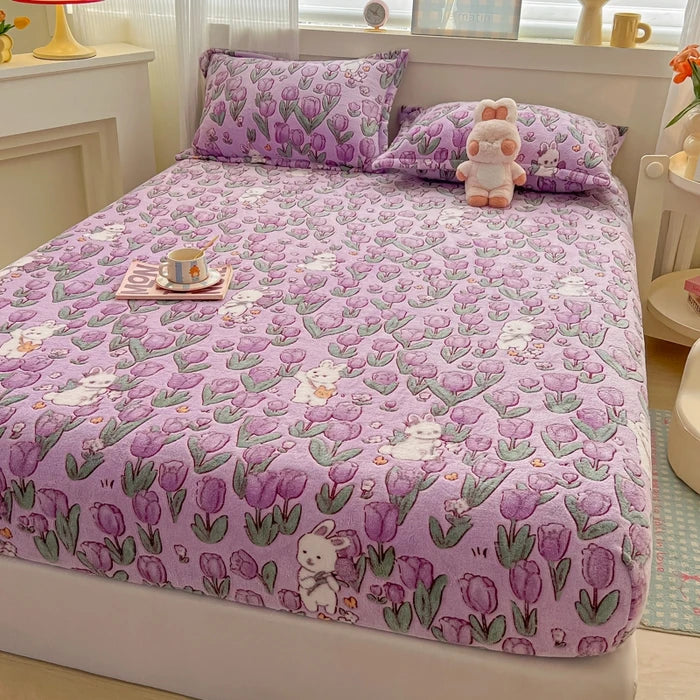 Flannel Fleece Fitted Bed Sheet – Warm Cartoon Purple, Elastic Single to King, Winter Bedsheet