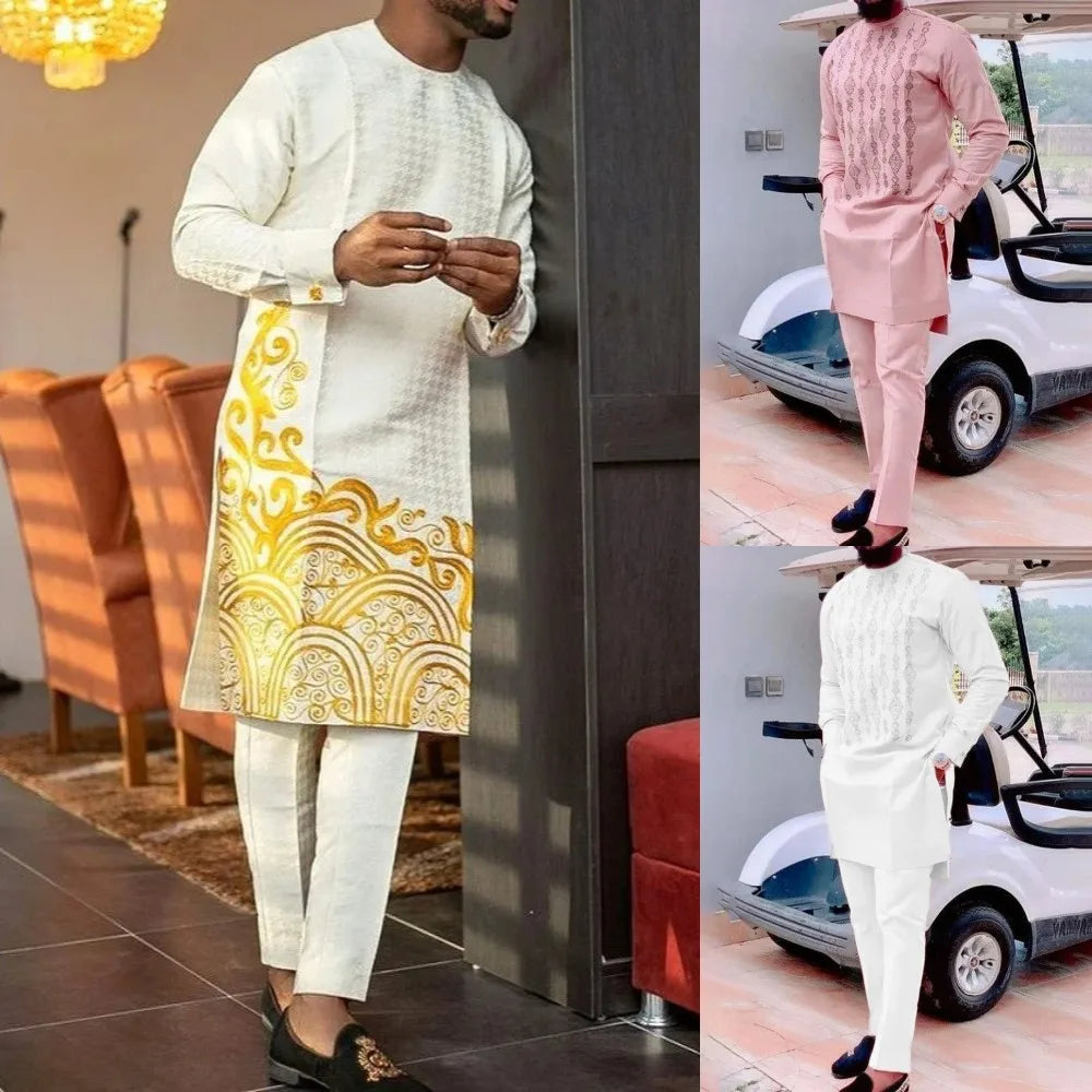 Men's Geometric Print Long Sleeve Top & Drawstring Pants Two-Piece Suit