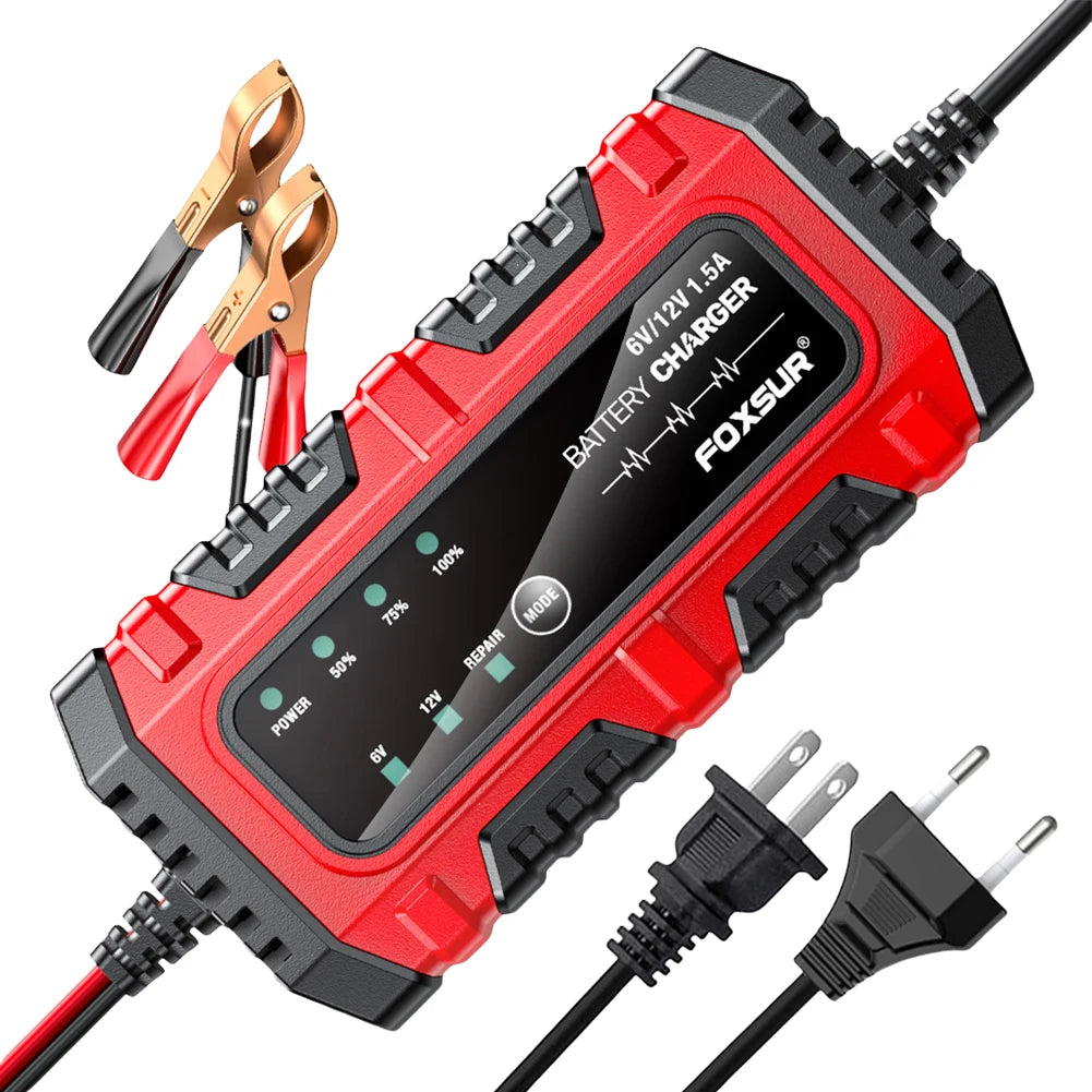 6V/12V 1.5A Smart Car & Motorcycle Battery Charger – Lead-Acid AGM GEL Charging Unit