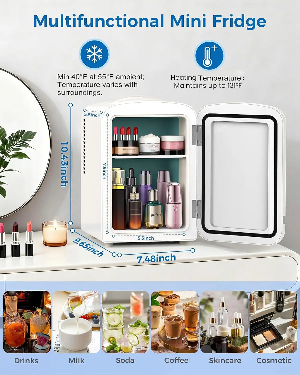 Mini Fridge for Bedroom — 4L / 6 Can Cosmetic Fridge for Skincare, Makeup, Medicine & Beverage, Portable Desk Cooler & Warmer, White