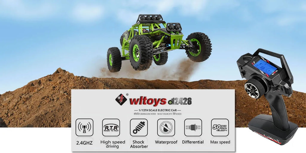 WLtoys 12428 1:12 Scale 4WD RC Racing Car – 50KM/H Alloy Off-Road Climbing Truck with LED Lights