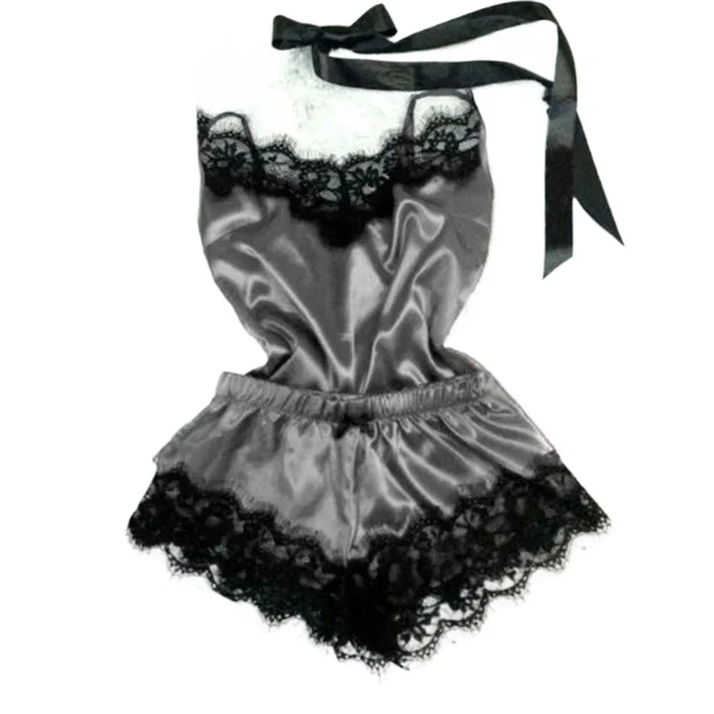 Women's Summer Lace Silk Pajama Set | Cami Top & Shorts Sexy Lingerie Sleepwear
