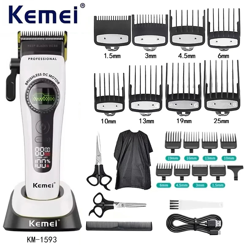 Kemei KM-1593 / KM-1595 Brushless Hair Clipper – DLC Blade, 8000 RPM, 200-Min Runtime, USB-C